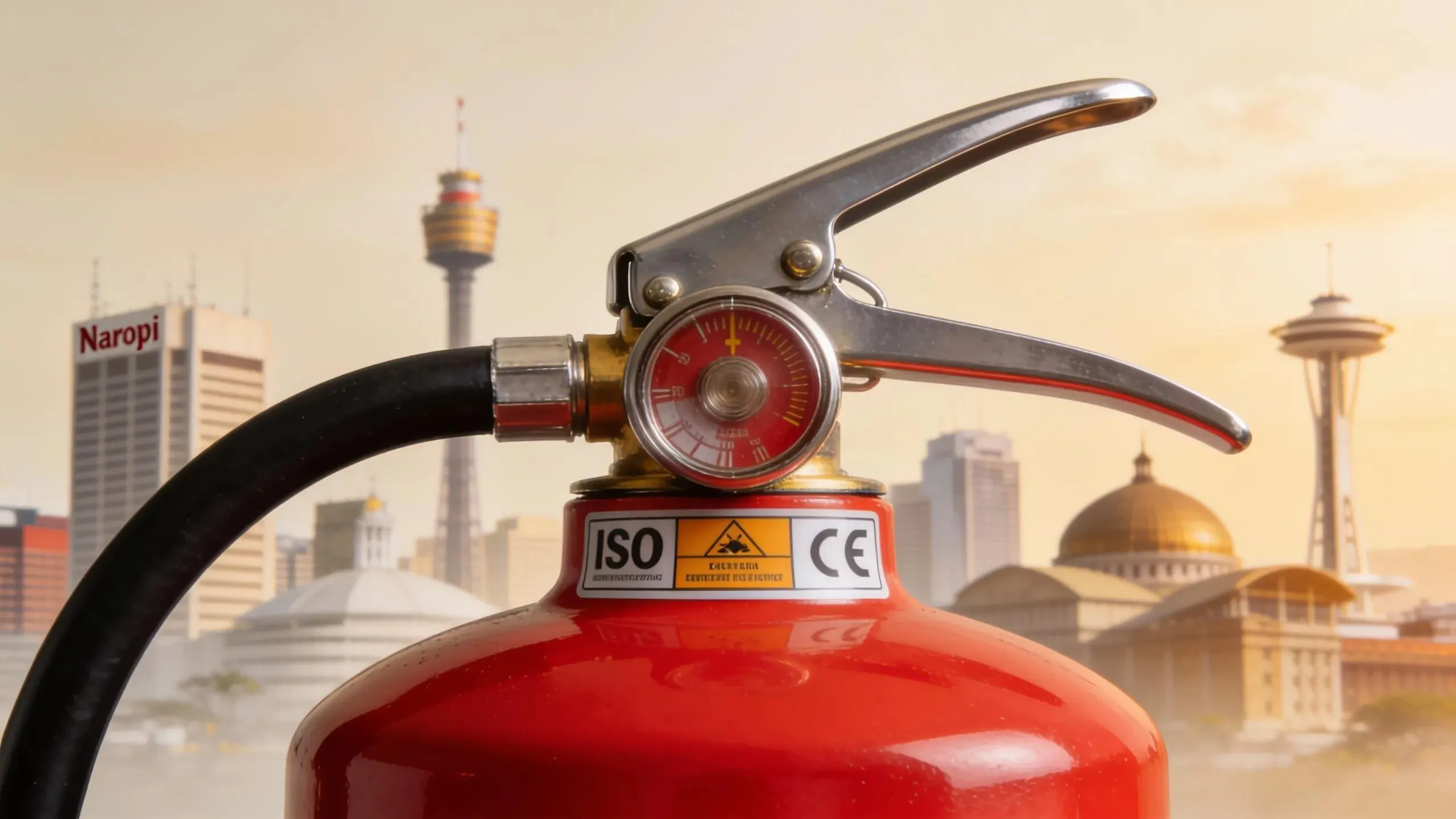 Close-up of a certified fire extinguisher showcasing ISO and CE labels, representing quality standards applicable in Kenya.