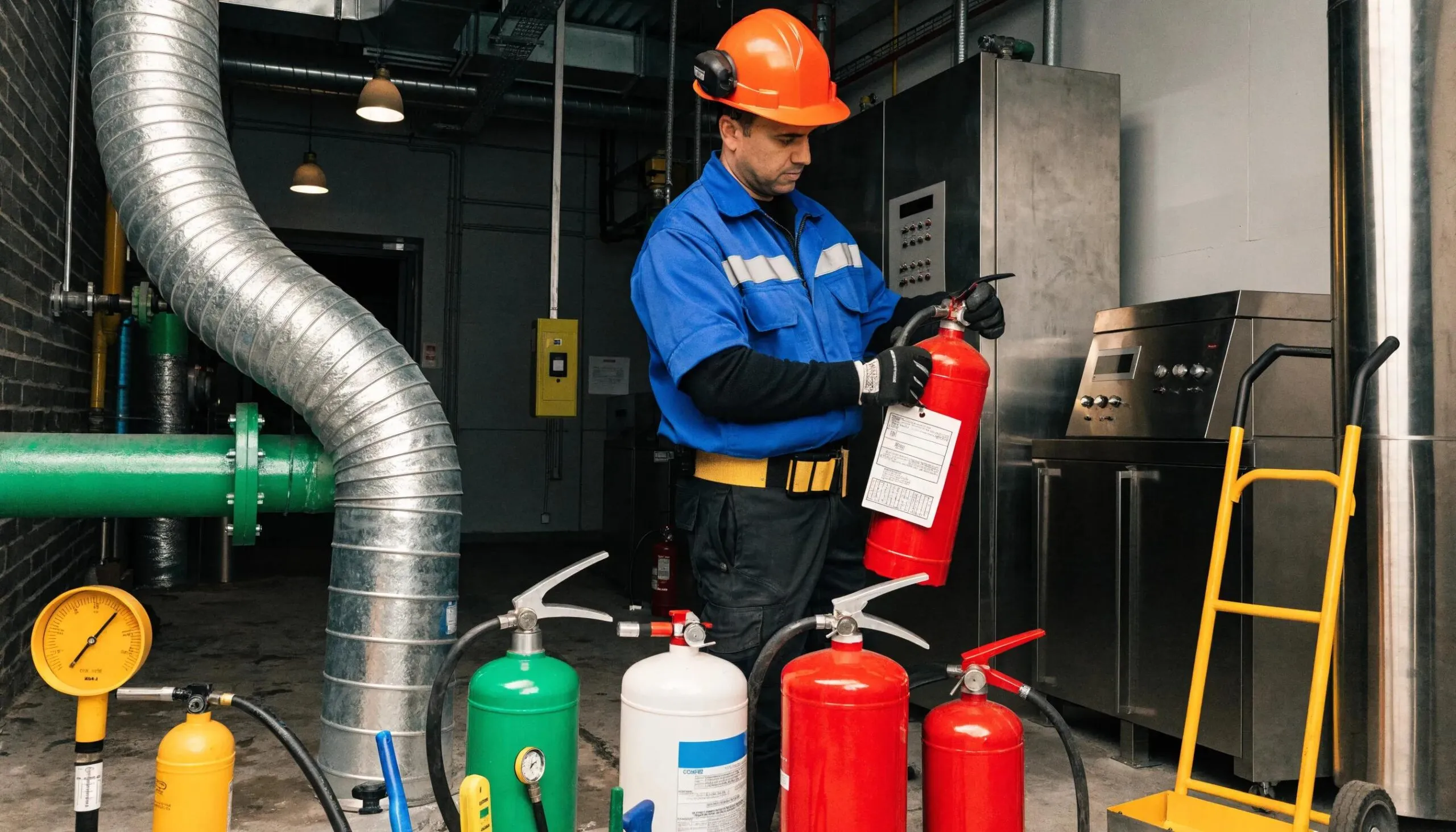 Fire safety technician performing maintenance on fire extinguishers emphasizing compliance and reliability in Nairobi