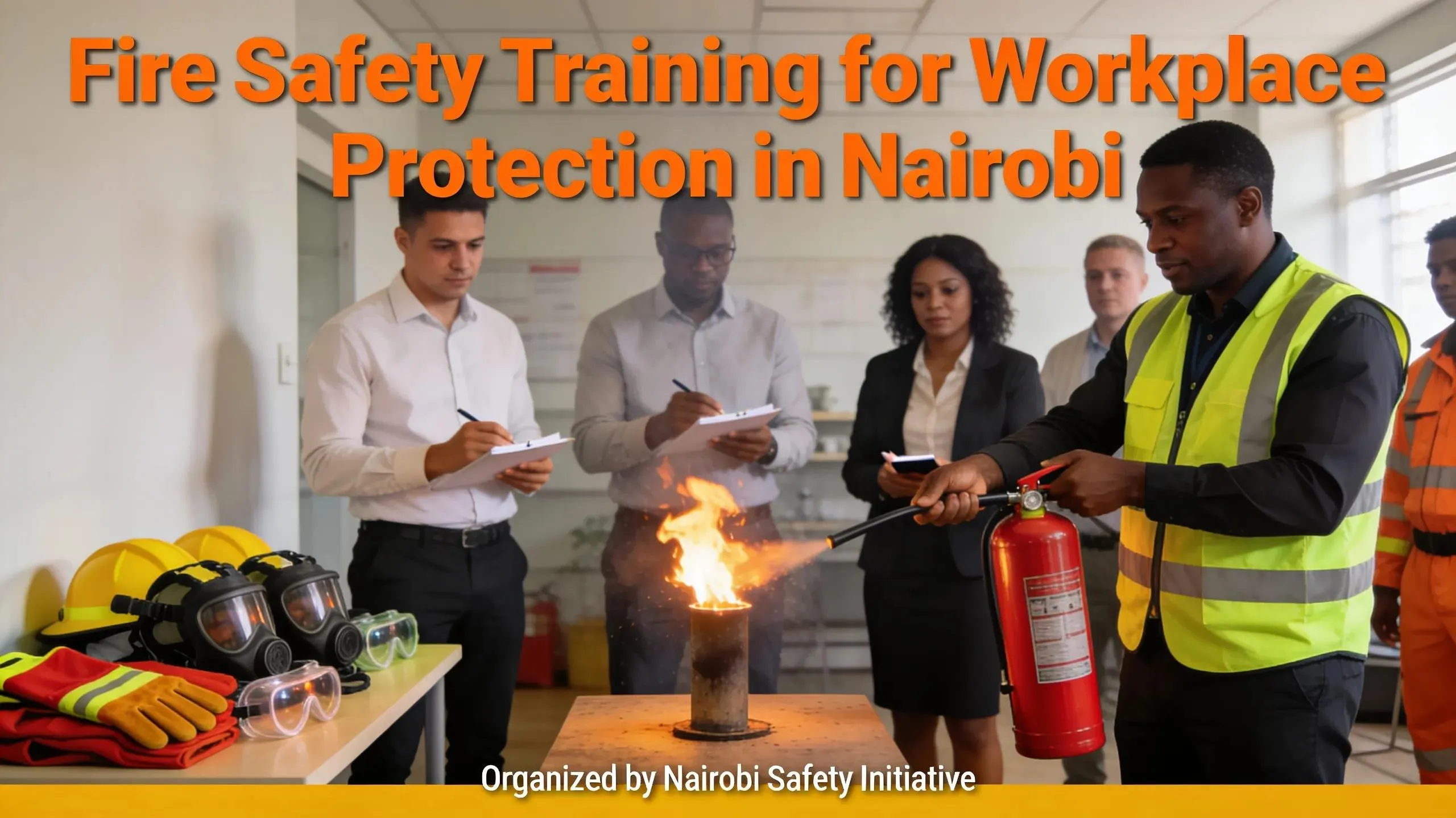 Participants in a fire safety training program learning proper extinguisher usage to enhance workplace safety in Nairobi
