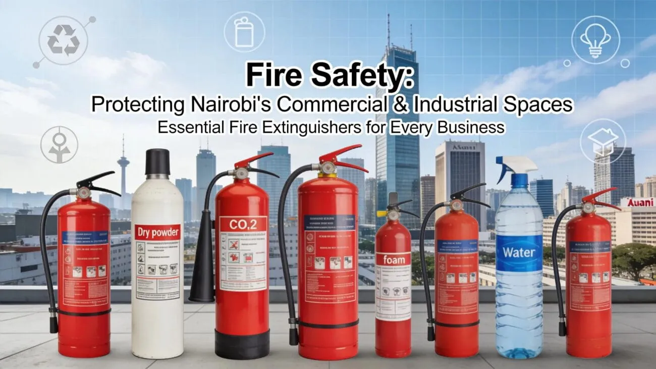 Diverse range of fire extinguishers in Nairobi emphasizing fire safety standards in commercial and industrial settings