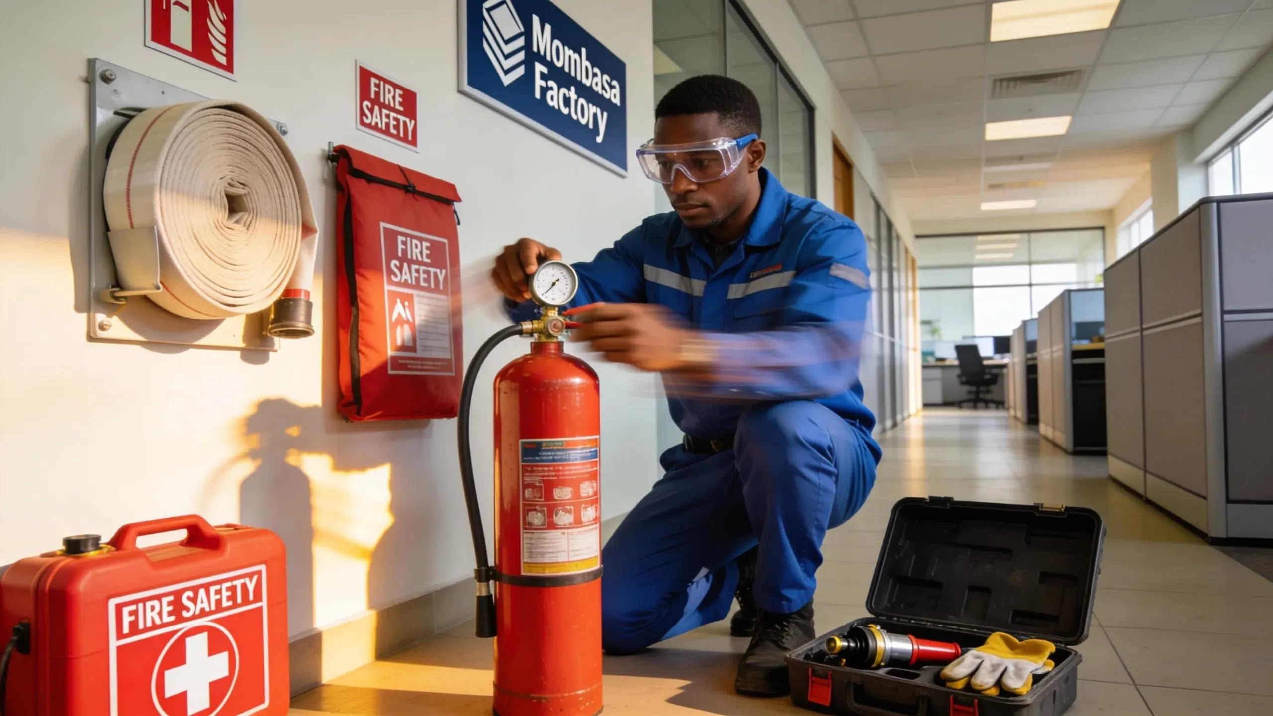 A technician performing maintenance on a fire extinguisher, emphasizing the importance of service and safety in workplace environments in Kenya.