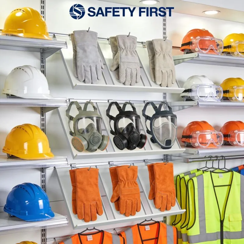 Industrial safety gear display featuring helmets, gloves, and masks emphasizing quality and compliance