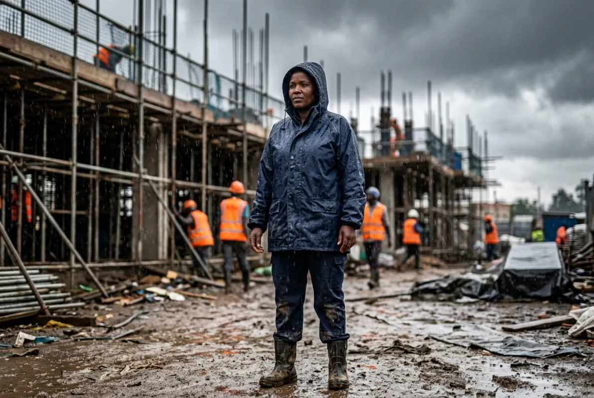 Worker wearing a navy lined Oxford raincoat on a Kenyan construction site during rain