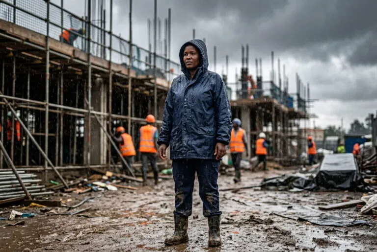 Worker wearing a navy lined Oxford raincoat on a Kenyan construction site during rain