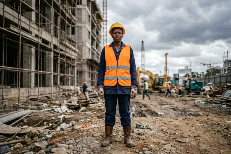 Construction worker wearing an orange hi-vis vest with reflective bands on a Kenyan construction site under a cloudy sky