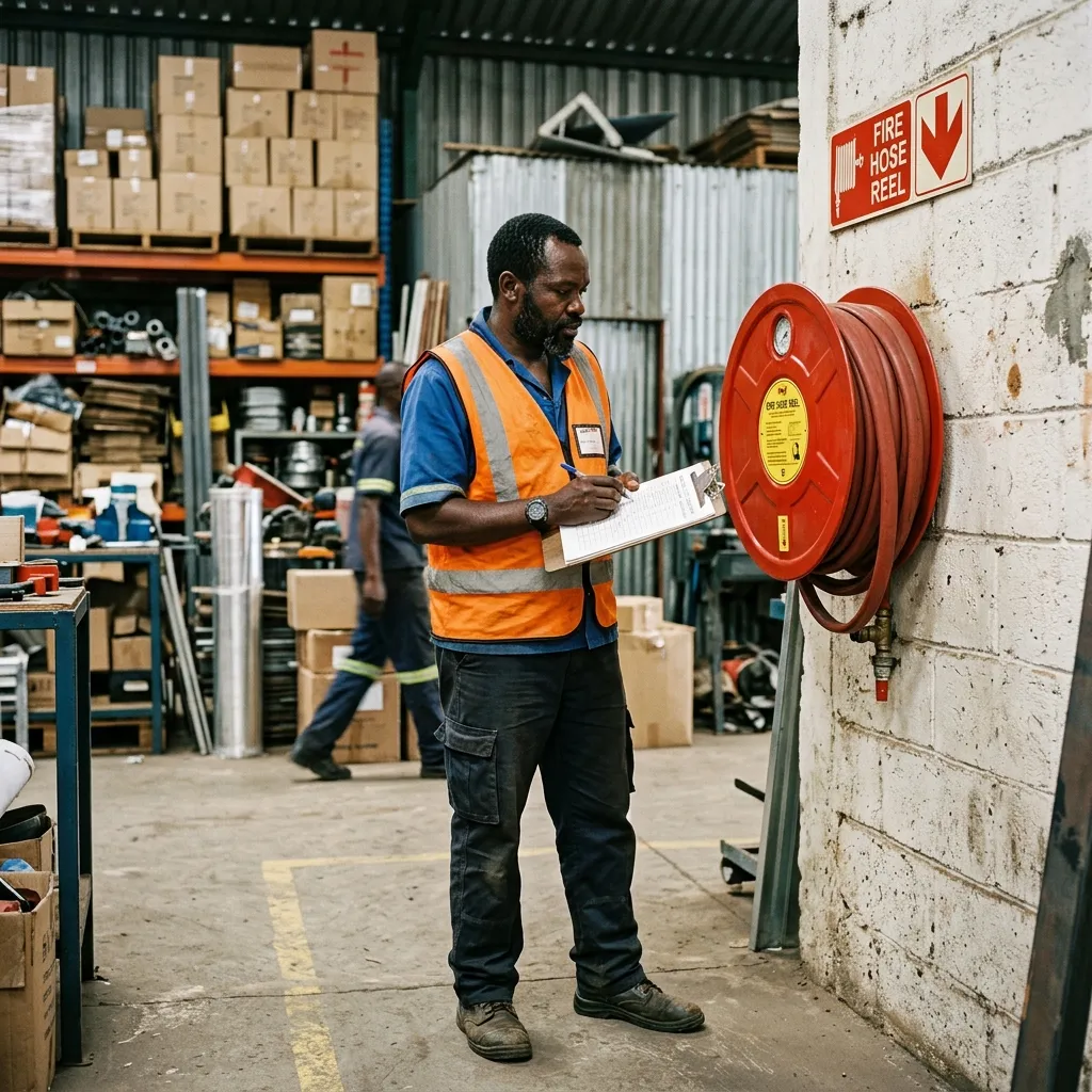 A Kenyan fire safety auditor in a hi-vis vest holding a clipboard, inspecting a wall-mounted fire hose reel inside a warehouse