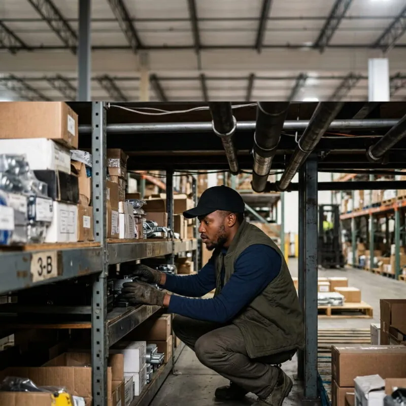 A Black Kenyan warehouse worker wearing a low-profile bump cap while working under a low shelf