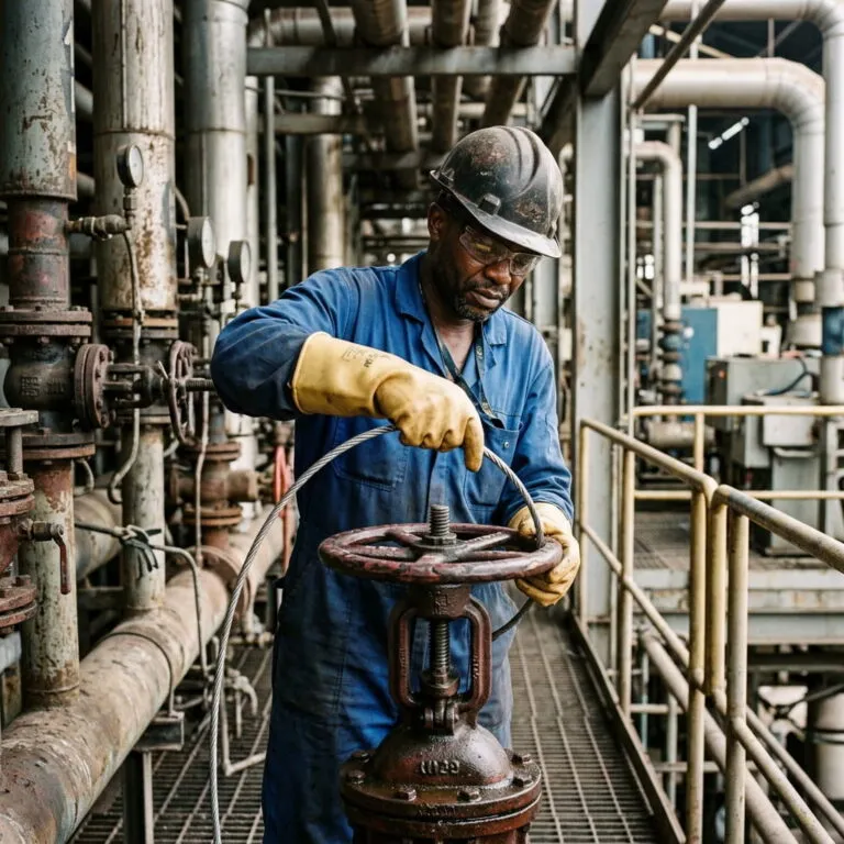 Kenyan worker in insulating gloves using a cable lockout device on an industrial valve