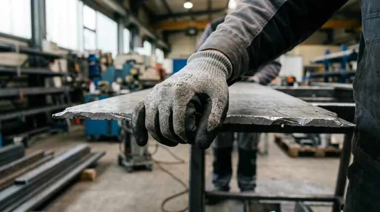 Worker's hand wearing a grey cut-resistant safety glove gripping a sharp metal sheet edge