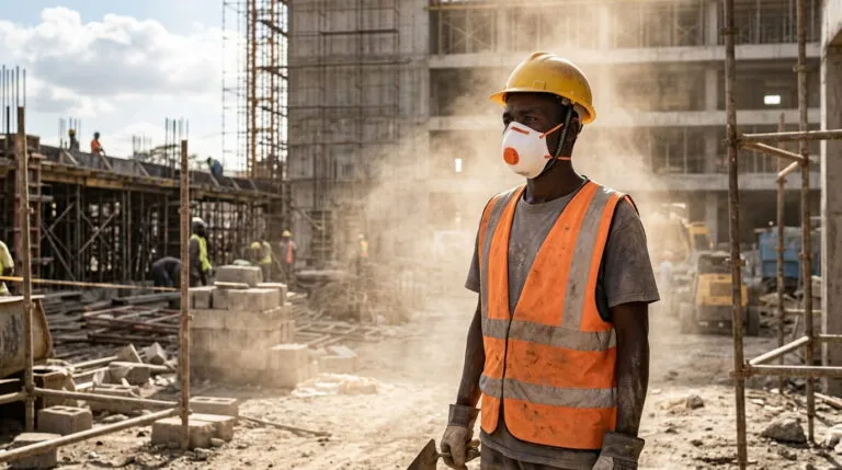 A construction worker wearing a white FFP2 dust respirator with exhalation valve on a dusty Kenyan construction site