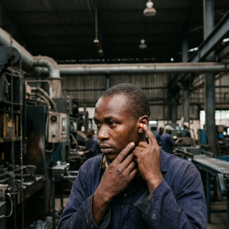 Close-up of a Black Kenyan factory worker inserting a foam ear plug before starting machinery