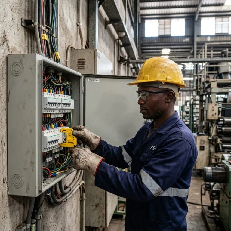 Kenyan electrician fitting a circuit breaker lockout device on a distribution board