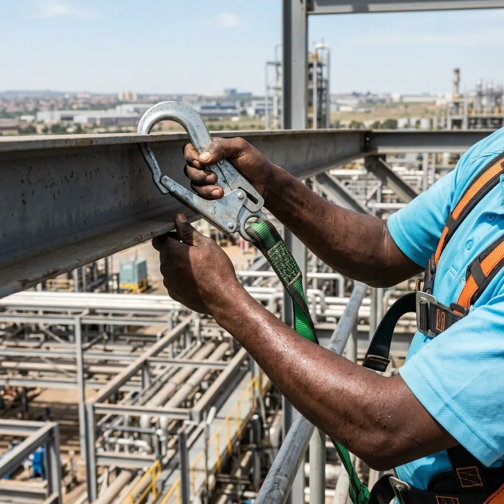 A Black Kenyan worker's hands clipping a fall arrest lanyard hook onto a steel structure at height