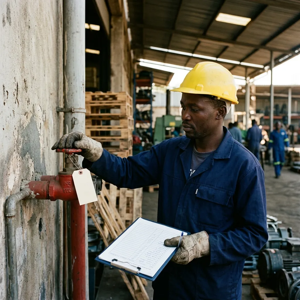 A Kenyan technician in a hard hat attaching a blank inspection tag to a fire hydrant valve on a factory wall, checking a printed checklist