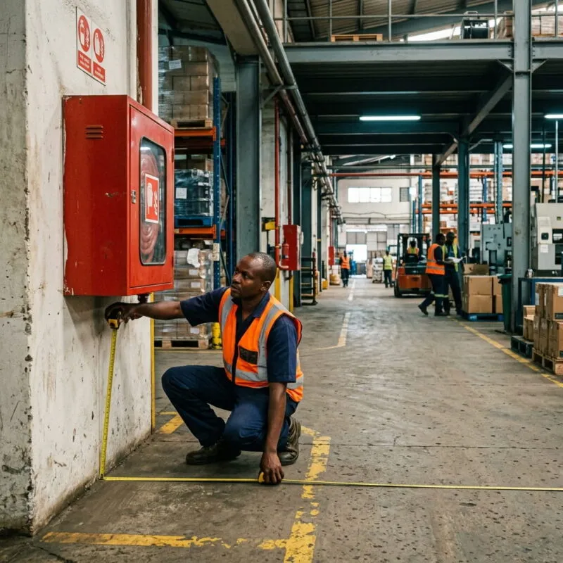 A Kenyan safety officer measuring the distance from a wall-mounted fire hose reel down a factory corridor using a tape measure