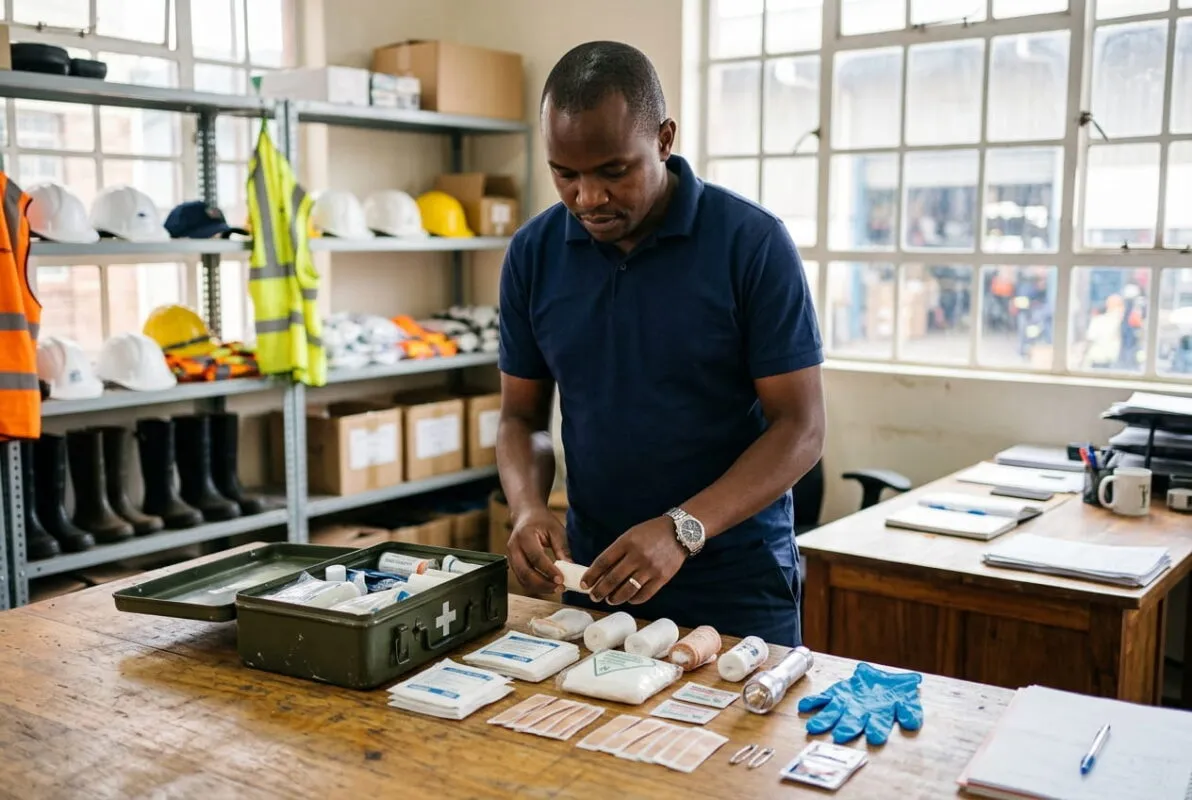 A Kenyan safety officer in a warehouse office laying out first aid box contents on a table next to an open green metal first aid box