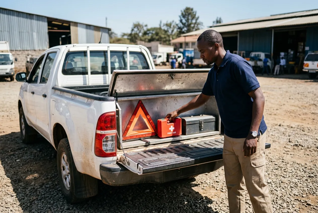 A Kenyan delivery driver placing a small red plastic first aid box into the storage compartment of a pickup truck, alongside a warning triangle and toolbox, at a yard