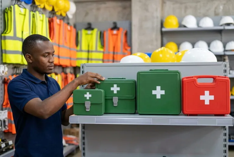 Four first aid kit boxes in ascending sizes, three green metal boxes and one red plastic box, on a shop shelf in Nairobi with hi-vis vests and hard hats in the background