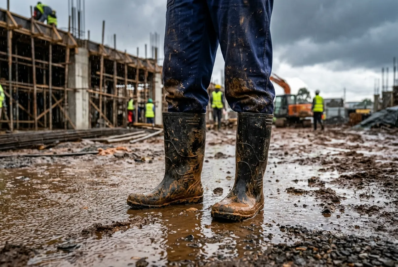 Close-up of muddy black rubber gumboots standing in a flooded, muddy Kenyan construction site during heavy rain, with workers in hi-vis vests and scaffolding visible in the background