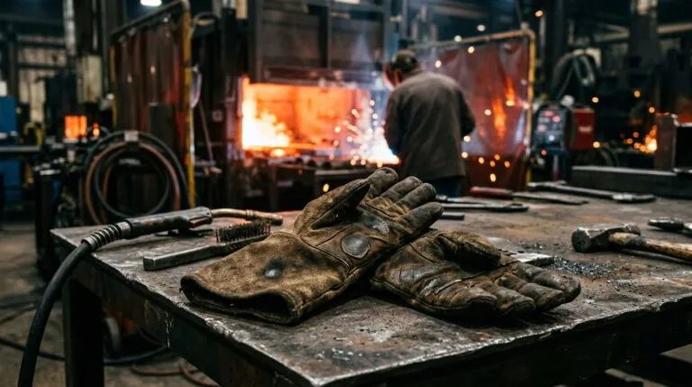 Thick heat-resistant welding gloves resting near a furnace with visible heat glow in the background