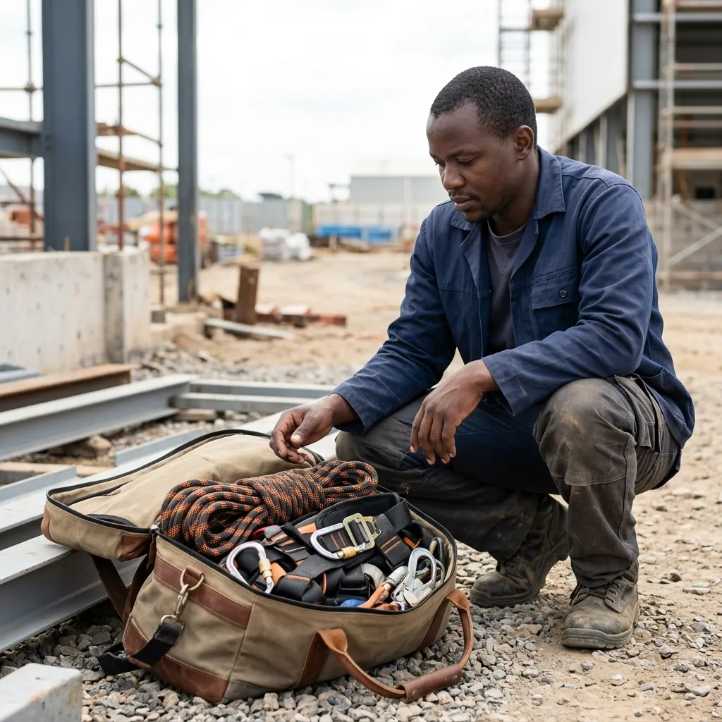 An open kit bag on the ground at an industrial site containing a full body harness, coiled rope, karabiners and lanyards