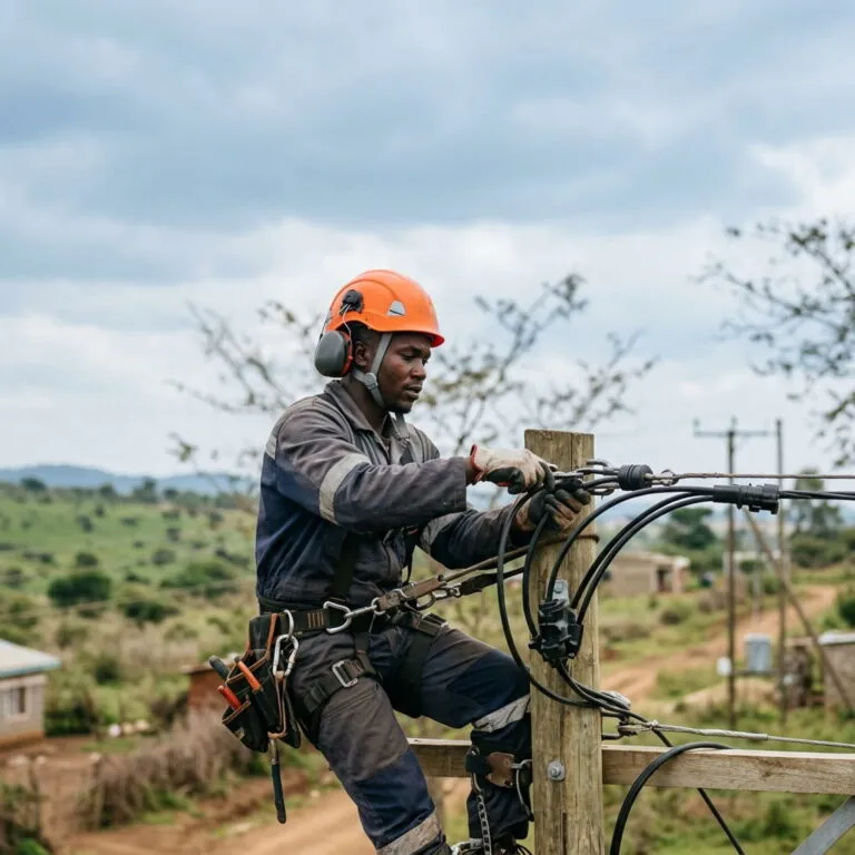 A Black Kenyan utility worker wearing a safety helmet fitted with helmet-mounted ear defenders and a chin strap