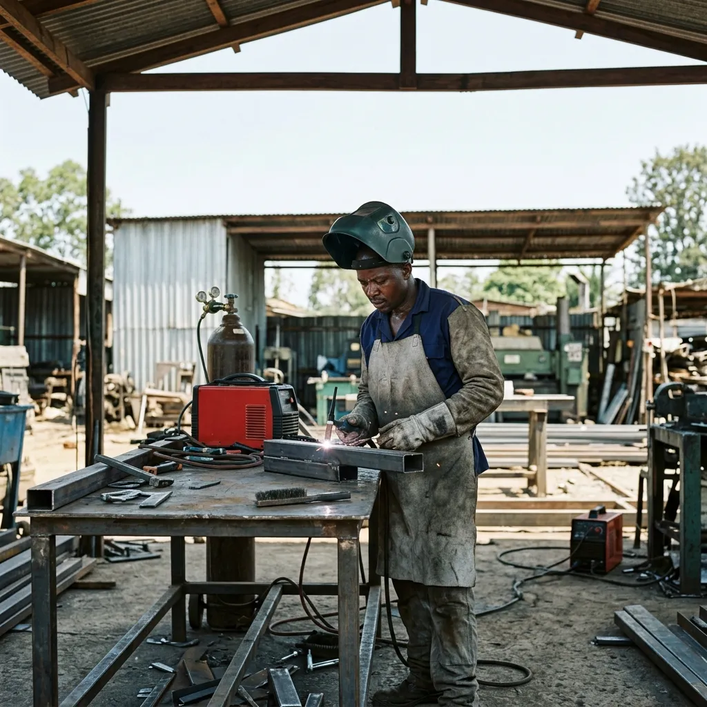A Black Kenyan welder wearing a grey leather welding apron and sleeves at a workshop bench