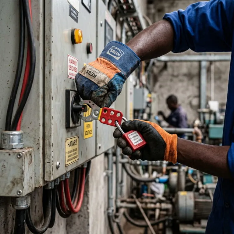 Close-up of a technician securing a red lockout padlock on an electrical panel