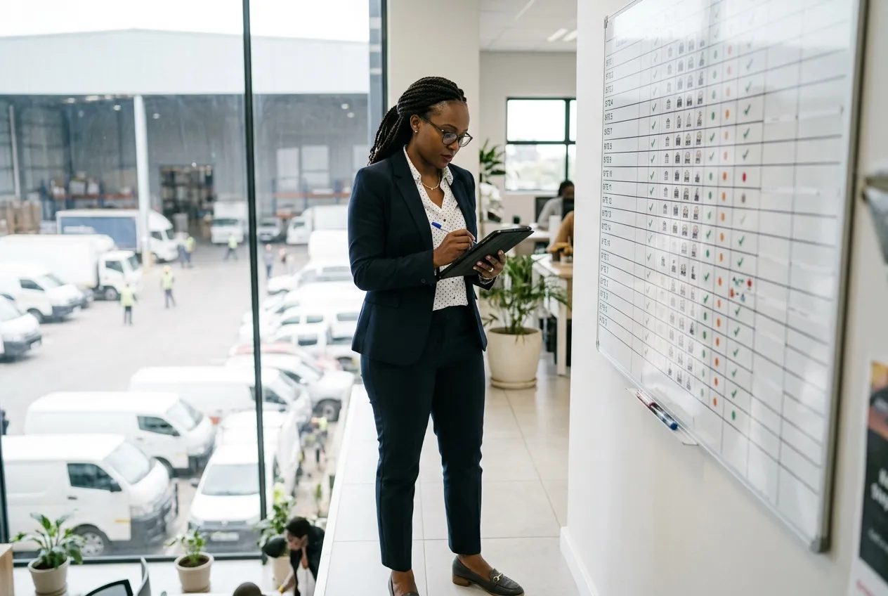 A Kenyan operations manager reviewing a multi-site status board on a tablet in an office, with company vehicles and a warehouse visible through the window behind her