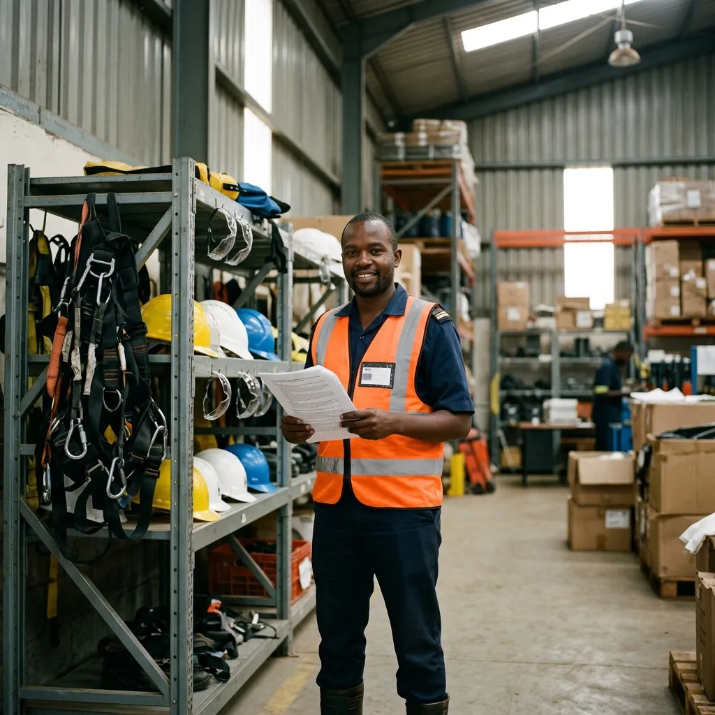A Black Kenyan safety officer reviewing a PPE policy document near a rack of stored safety harnesses in a warehouse