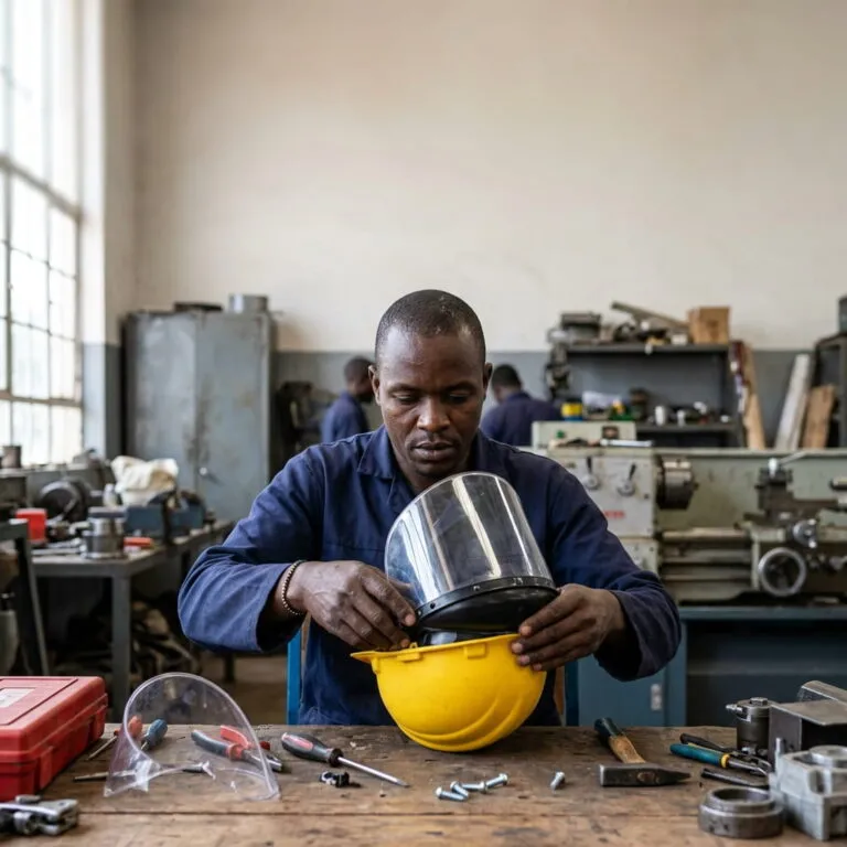 A Black Kenyan worker fitting a clear polycarbonate visor onto a safety helmet visor carrier