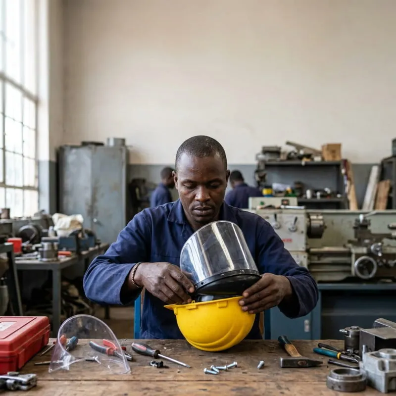 A Black Kenyan worker fitting a clear polycarbonate visor onto a safety helmet visor carrier