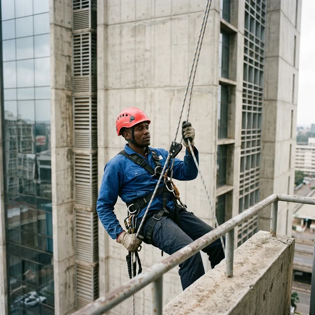 A Black Kenyan rope access technician using a descender device on a twisted rope against the side of a building