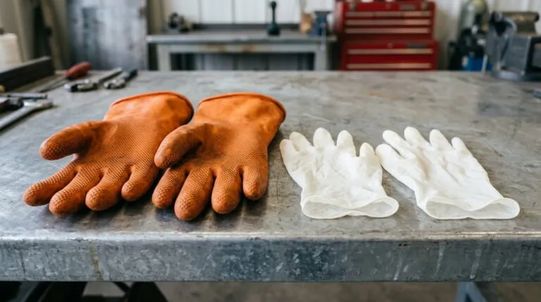 Orange rubber safety gloves next to white latex gloves on an industrial workbench