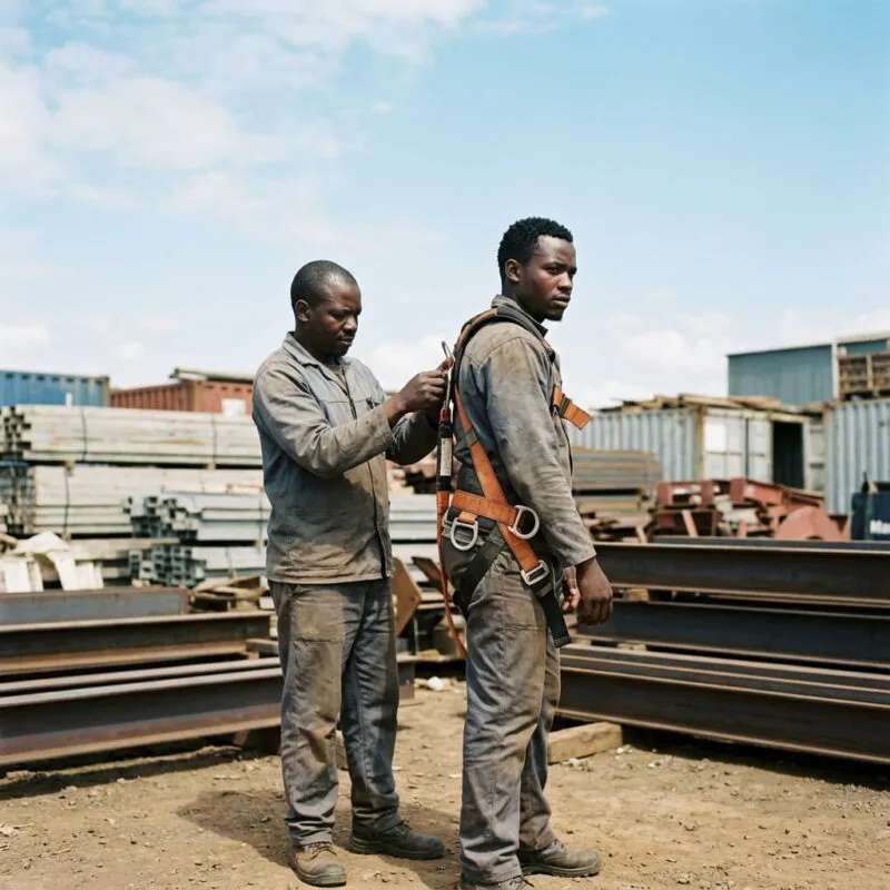 A Black Kenyan worker helping fit a full body safety harness with visible D-rings onto a colleague at an industrial yard