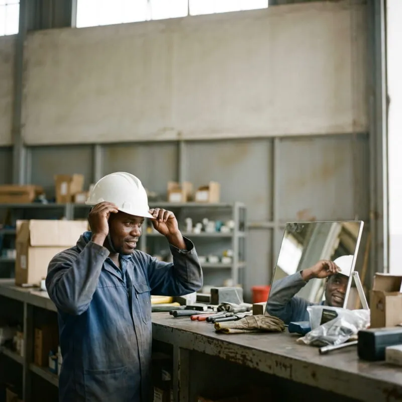 A Black Kenyan construction worker trying on a white safety helmet at a site store counter
