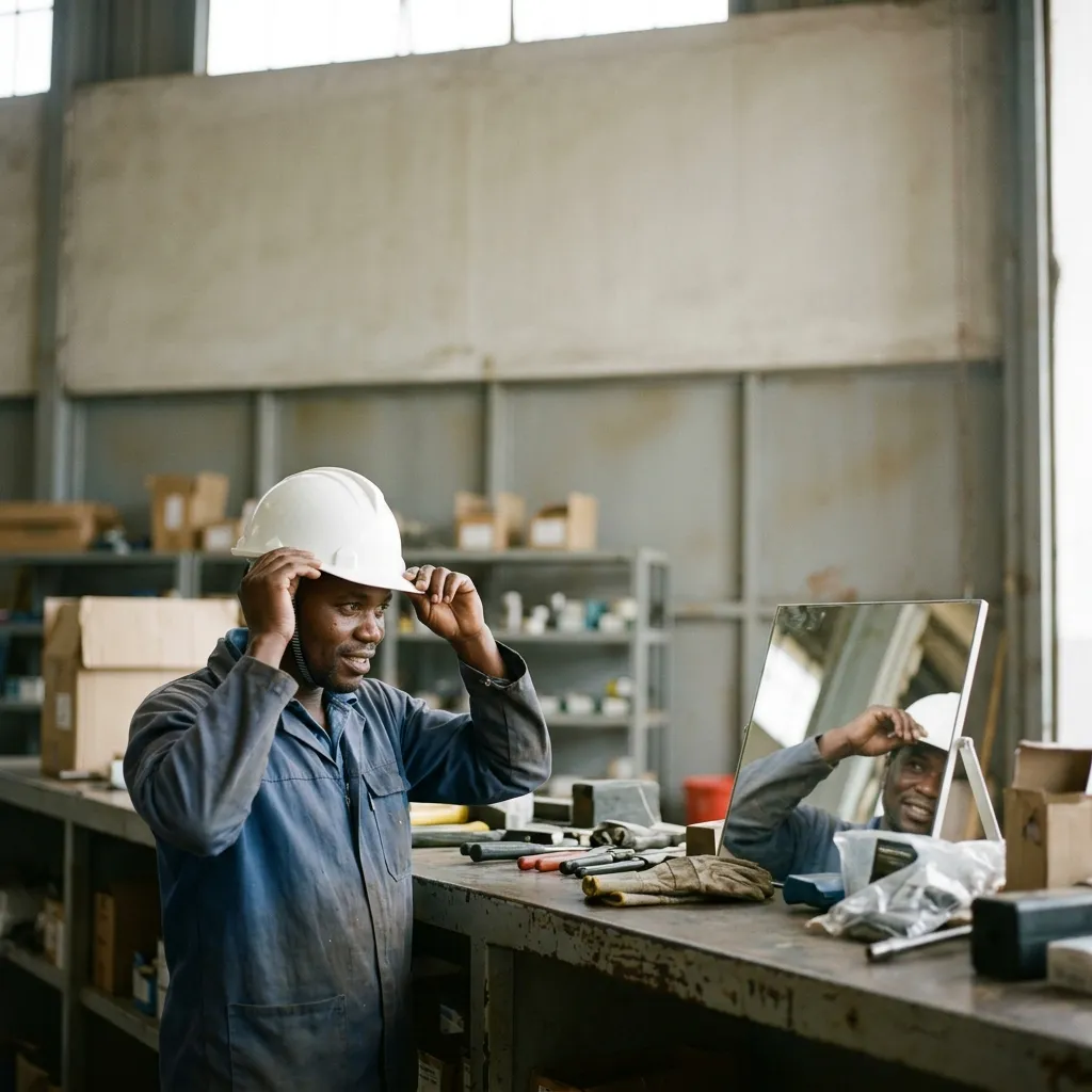 A Black Kenyan construction worker trying on a white safety helmet at a site store counter