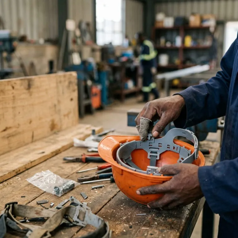 Close-up of a Black Kenyan worker's hands replacing the internal harness cradle of a safety helmet