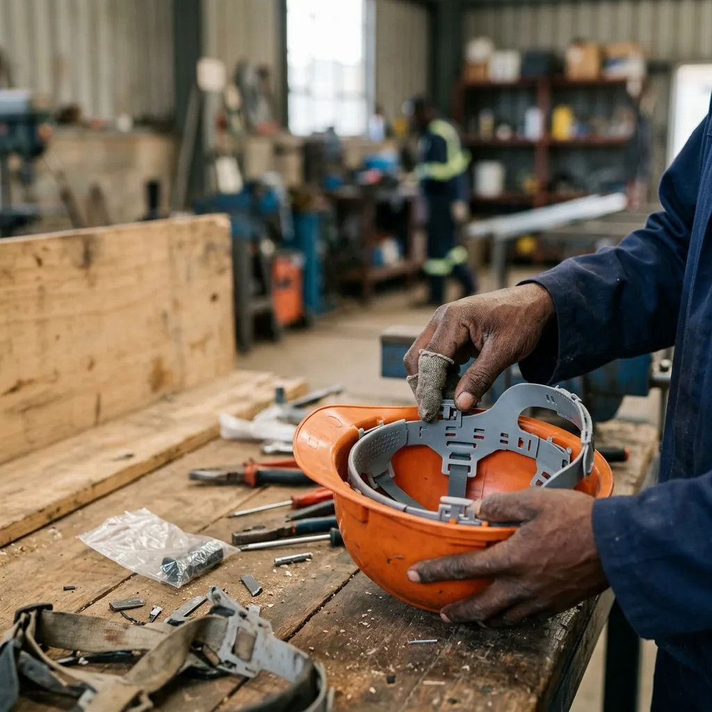 Close-up of a Black Kenyan worker's hands replacing the internal harness cradle of a safety helmet