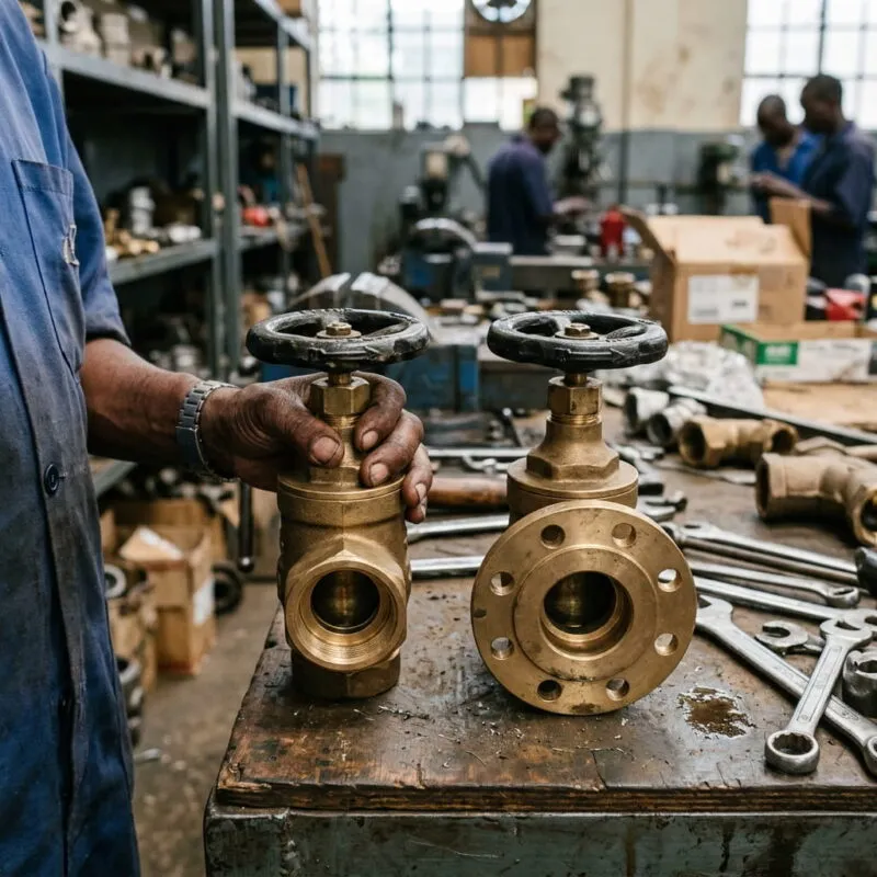 A Kenyan warehouse technician holding two brass fire hydrant landing valves side by side for comparison, one screwed and one flanged