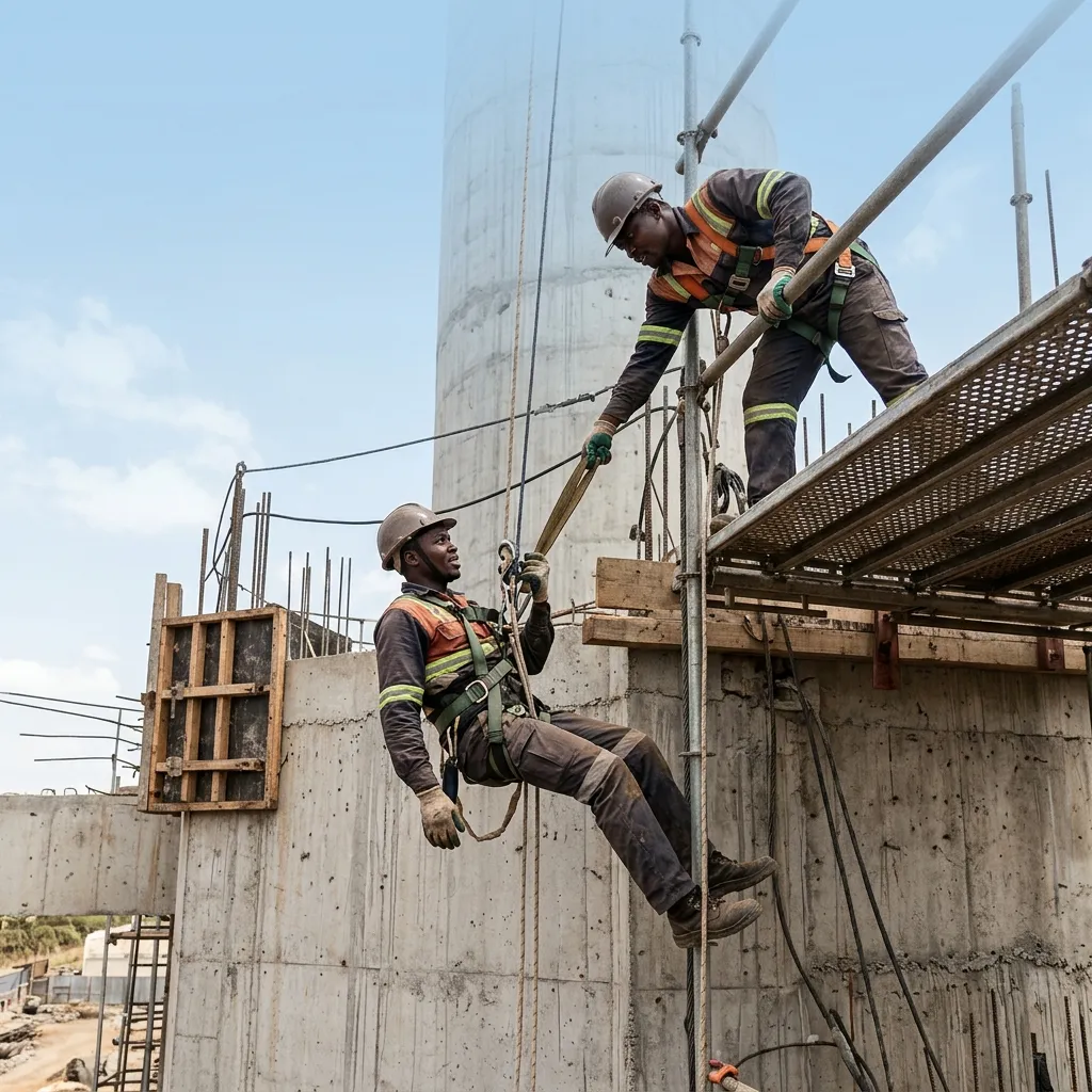 A Black Kenyan worker suspended in a full body harness against a tall structure with a colleague on a platform above assisting
