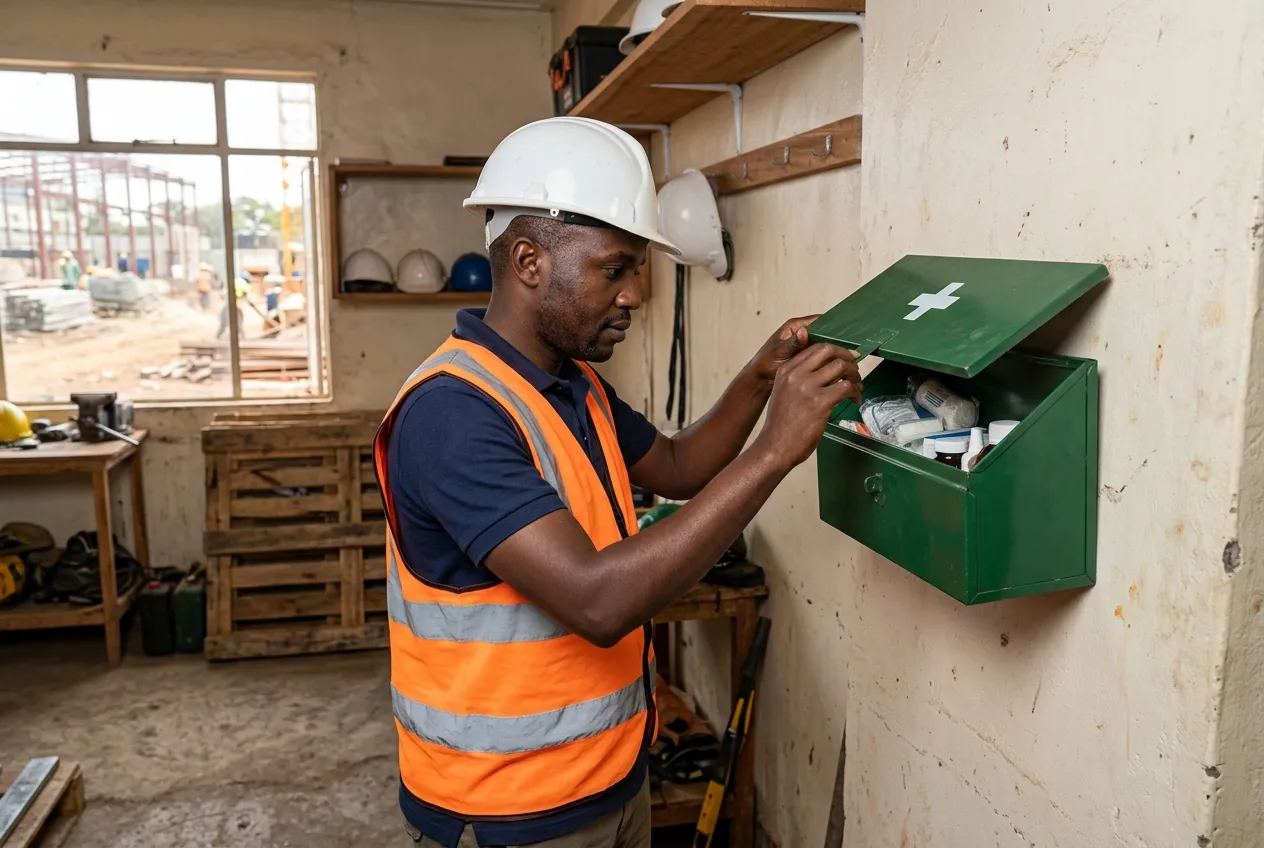 A site supervisor in a hi-vis vest and hard hat opening a green wall-mounted first aid kit box to check its contents at a Kenyan construction site