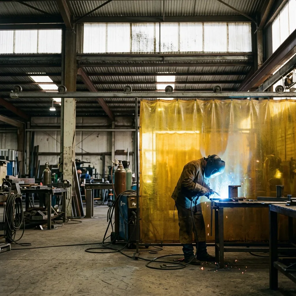 A Black Kenyan workshop with a welding curtain hung to screen off a welding bay while a worker in a leather hood works behind it