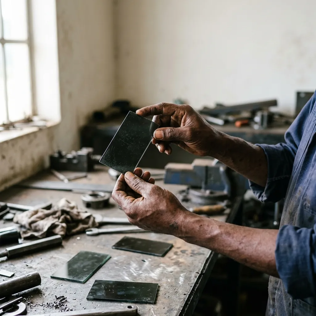 A Black Kenyan worker holding a dark welding glass lens up to the light for inspection at a workshop counter