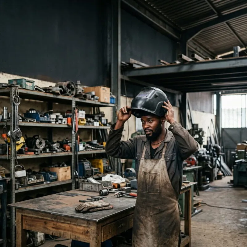 A Black Kenyan welder trying on a welding helmet at an industrial workshop counter