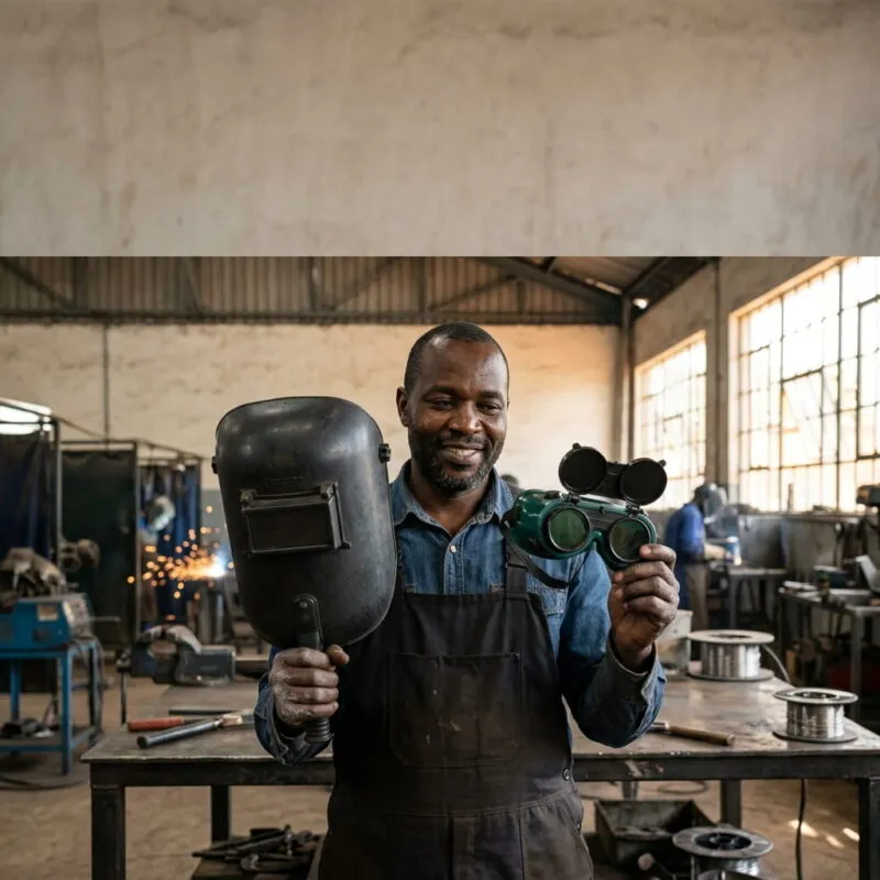 A Black Kenyan welder holding up a handheld welding shield beside a pair of welding goggles for comparison