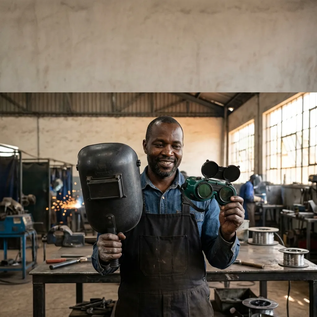 A Black Kenyan welder holding up a handheld welding shield beside a pair of welding goggles for comparison