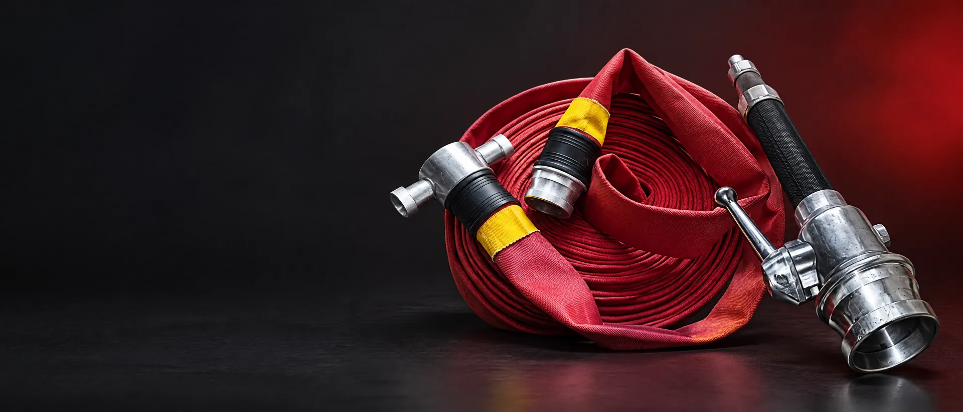 Red layflat fire hose and branch pipe nozzle from the Specialised Hardwares Fire Division