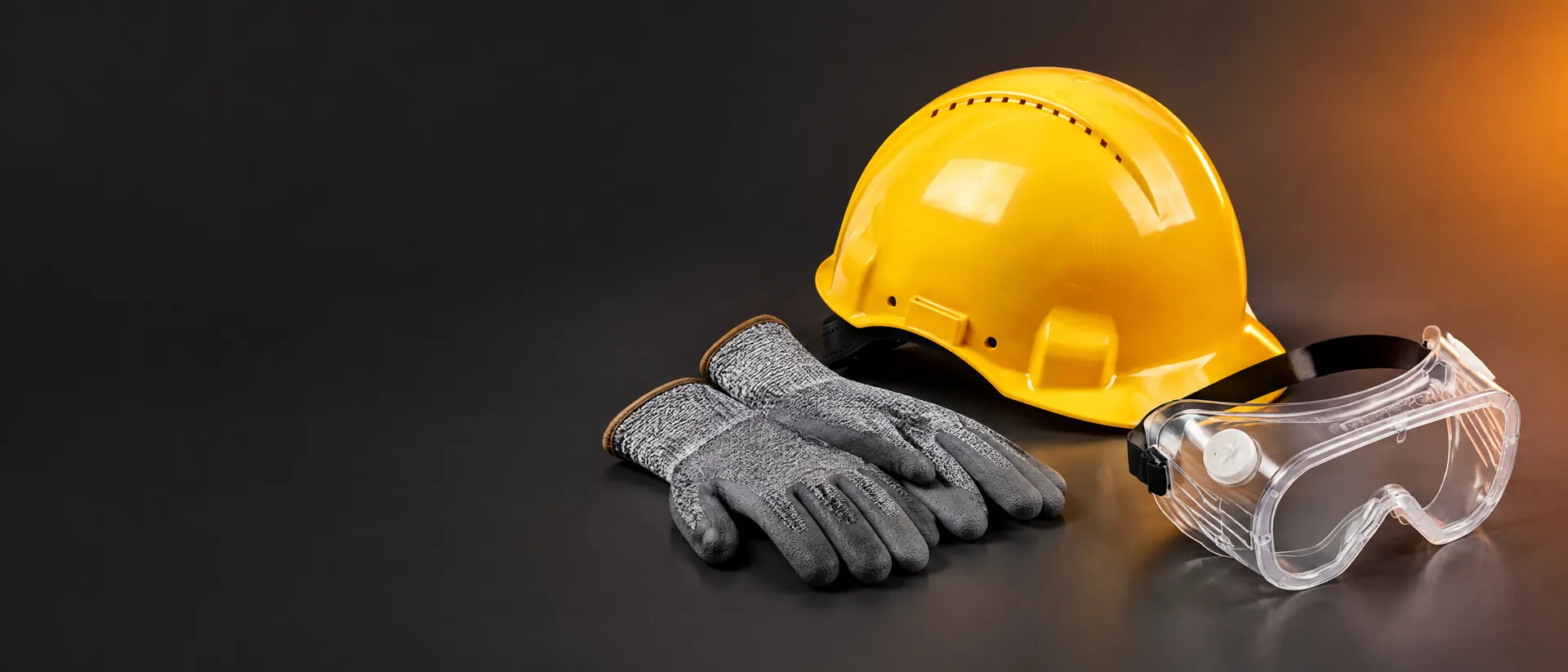 Yellow hard hat, cut-resistant gloves and safety goggles from the Specialised Hardwares Safety Division